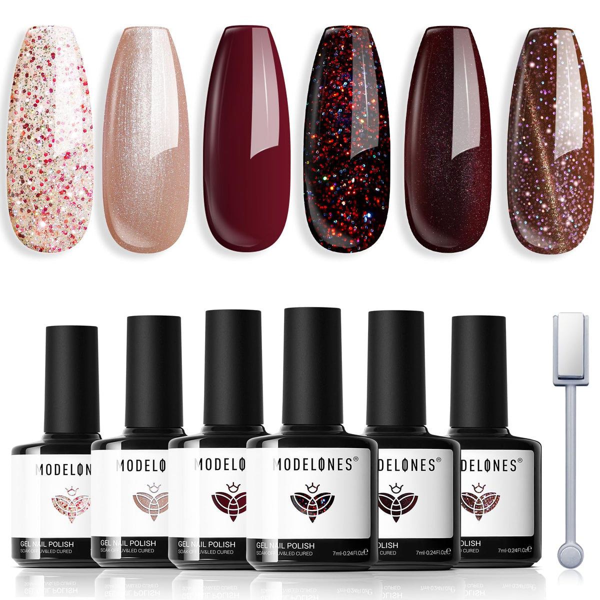 Modelones Gel Nail Polish Set - 6 Colors Brown Red Nude Cat Eye Glitter, Soak Off, Led, Gifts