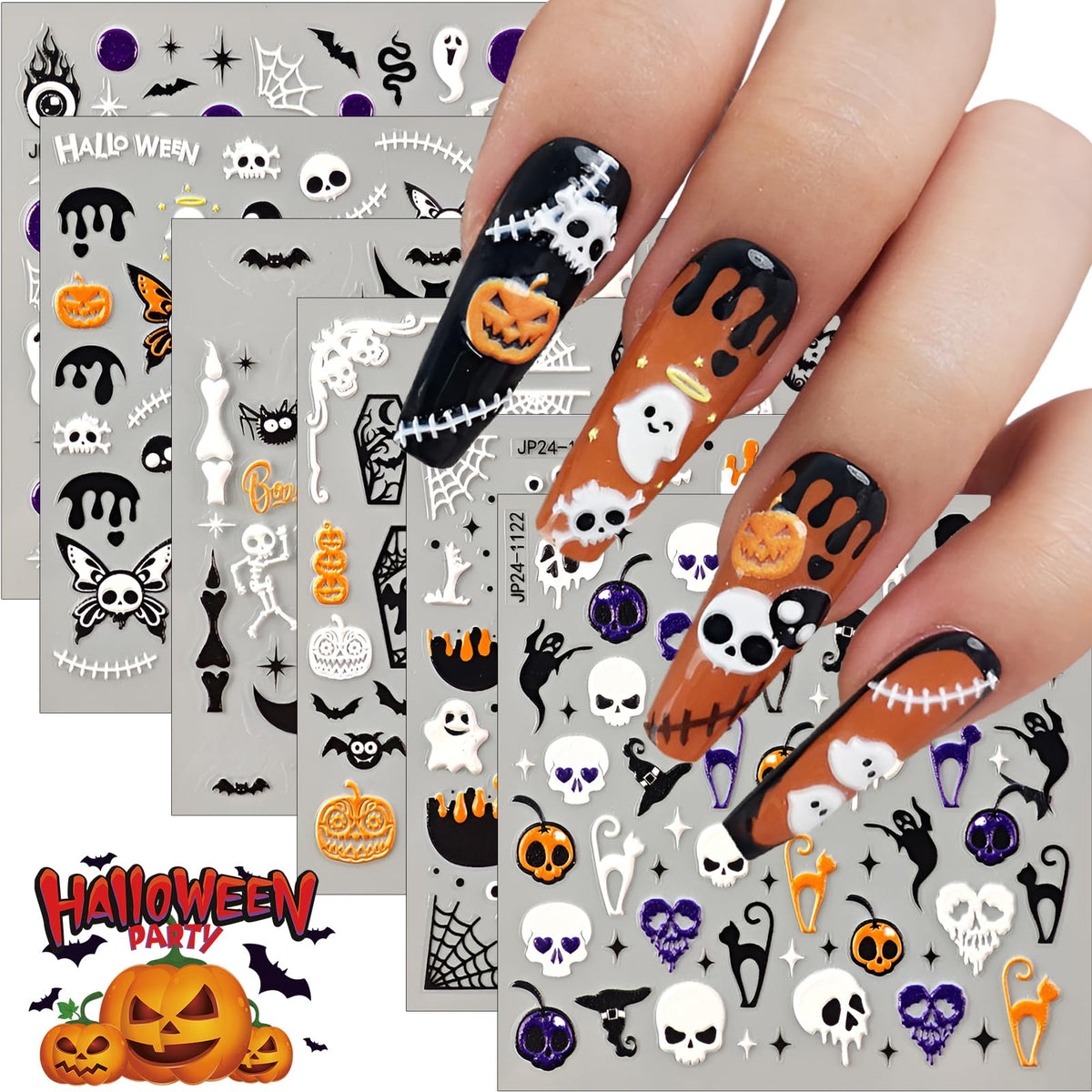 Winthrop 6 Sheets Halloween Nail Art Stickers, 5D Embossed Pumpkin & Ghost Designs, Diy Decor