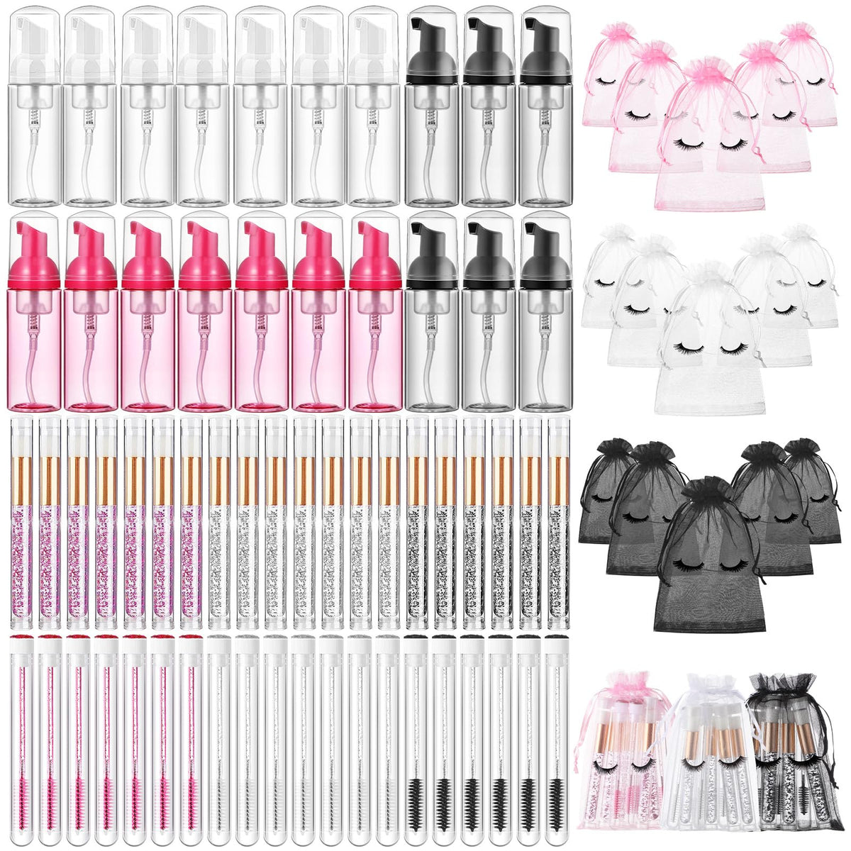 Zhehao 80 Pcs Lash Shampoo Bottle Brushes Set - Foam Pump, Aftercare Bags & Cleaning Kit, Colorful