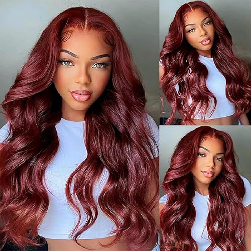 FASHION PLUS 28&quot; Reddish Brown Body Wave Lace Front Wig Human Hair 99J Burgundy Full Frontal