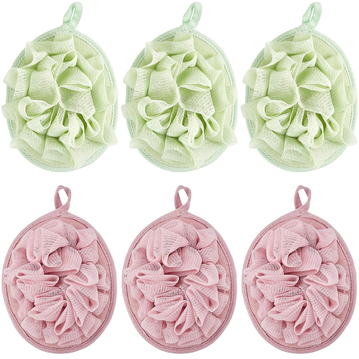 Boao 6 Pcs Bath Shower Pouf Sponge Set - Exfoliating Mesh Balls, Green & Light Pink