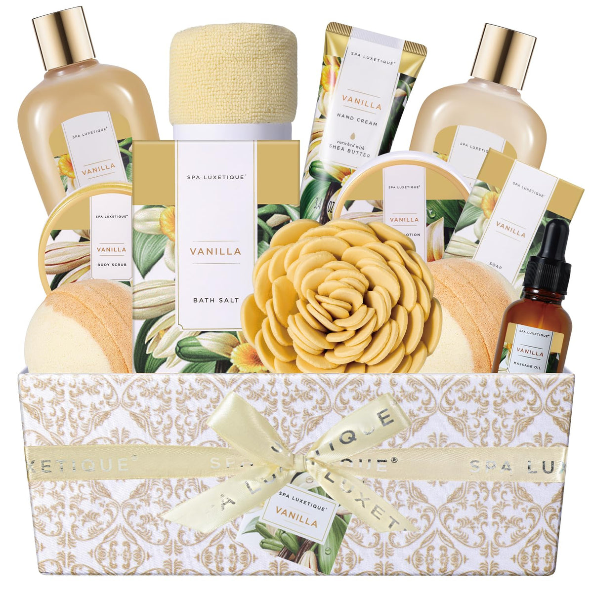 Spa Luxetique 12Pc Vanilla Bath Gift Set - Spa Gift Baskets For Women, Self Care & Birthday Gifts