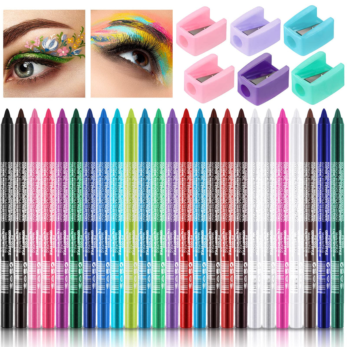 Leelosp 25 Color Eyeliner Pencil Set - Waterproof Metallic Eye Makeup With 6 Sharpeners