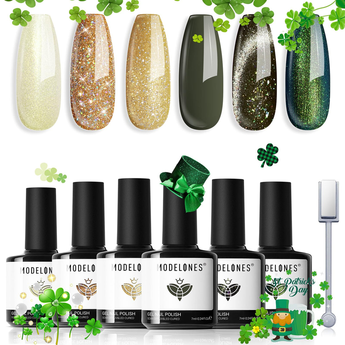 Modelones 6 Colors Gel Nail Polish Set - Green Gold Yellow Sparkle Reflective Glitter 9D Cat Eye