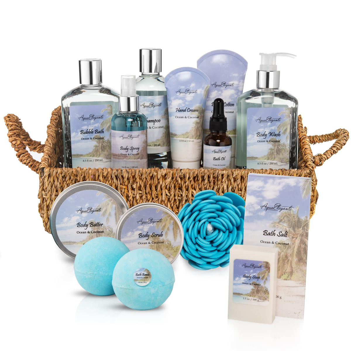 Aqua Elegante Bath Spa Gift Set - 15 Piece Luxury Kit With Ocean & Coconut Essentials