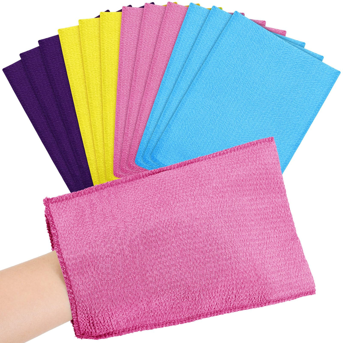 Tatuo Korean Exfoliating Mitts - 12 Pack Body Scrub Towels In Purple, Yellow, Pink, Blue, Large