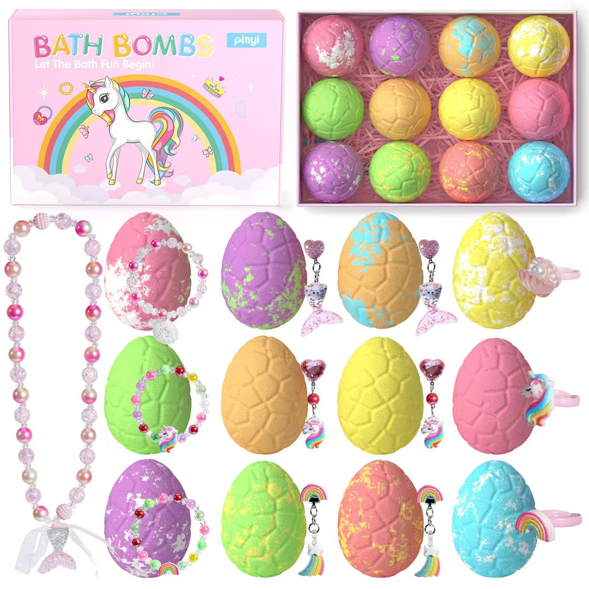 Pinyi Kids Bath Bombs With Toys, 12+1 Pack Unicorn & Mermaid Jewelry For Girls, Perfect Gift