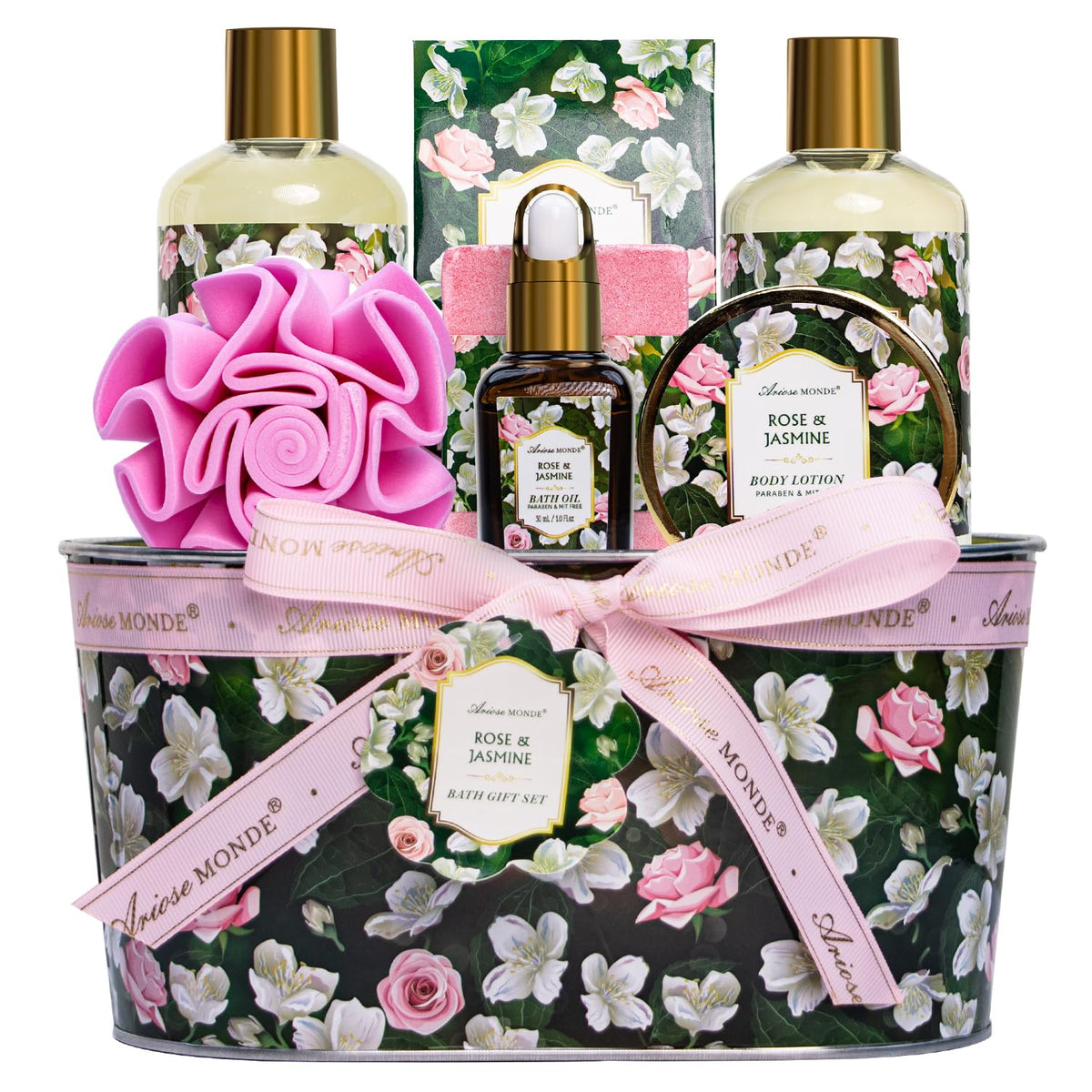 Ariosemonde Gift Basket For Women - 8 Pc Rose & Jasmine Spa Set For Relaxation & Pampering