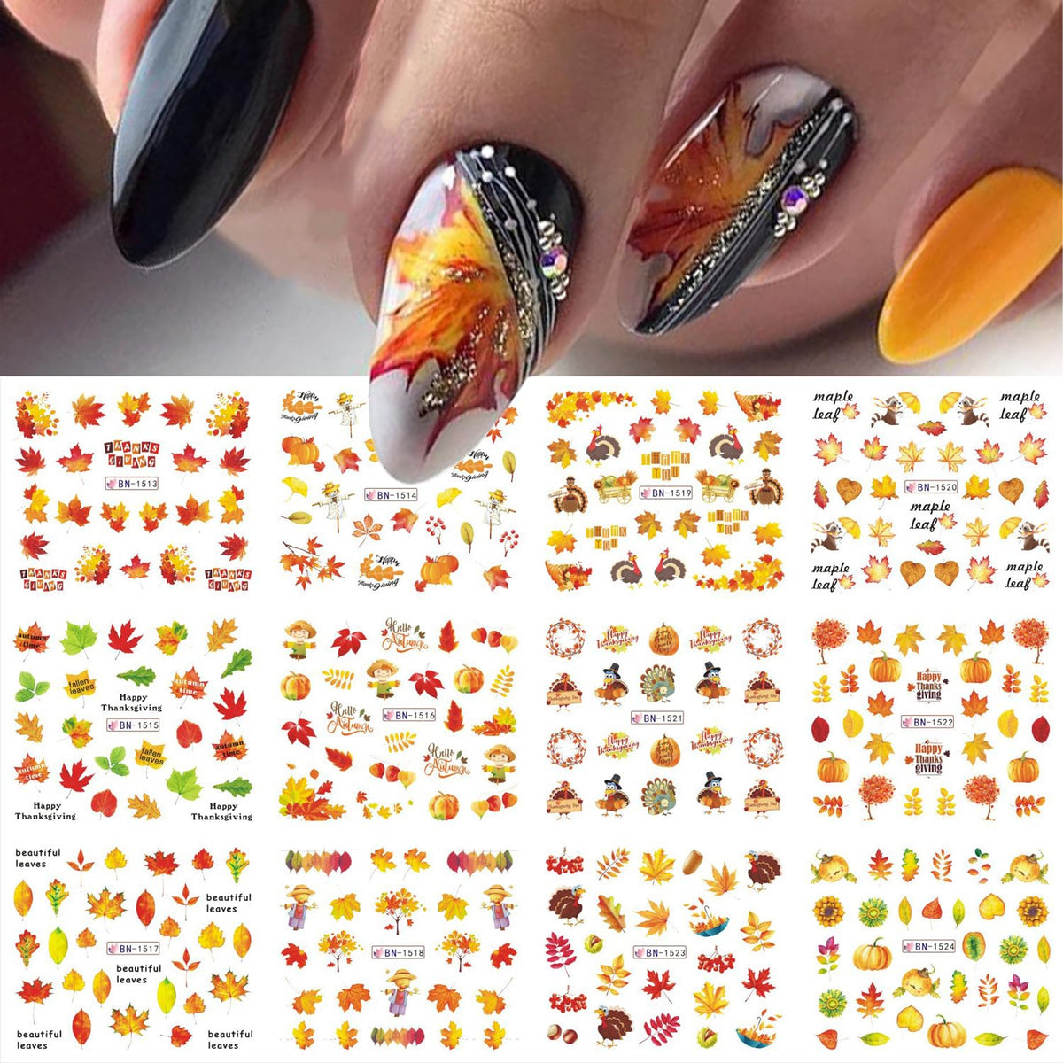 Kstbjn Fall Nail Art Stickers - Yellow Maple Leaf Decals For Thanksgiving, 12 Sheets Acrylic Supplies