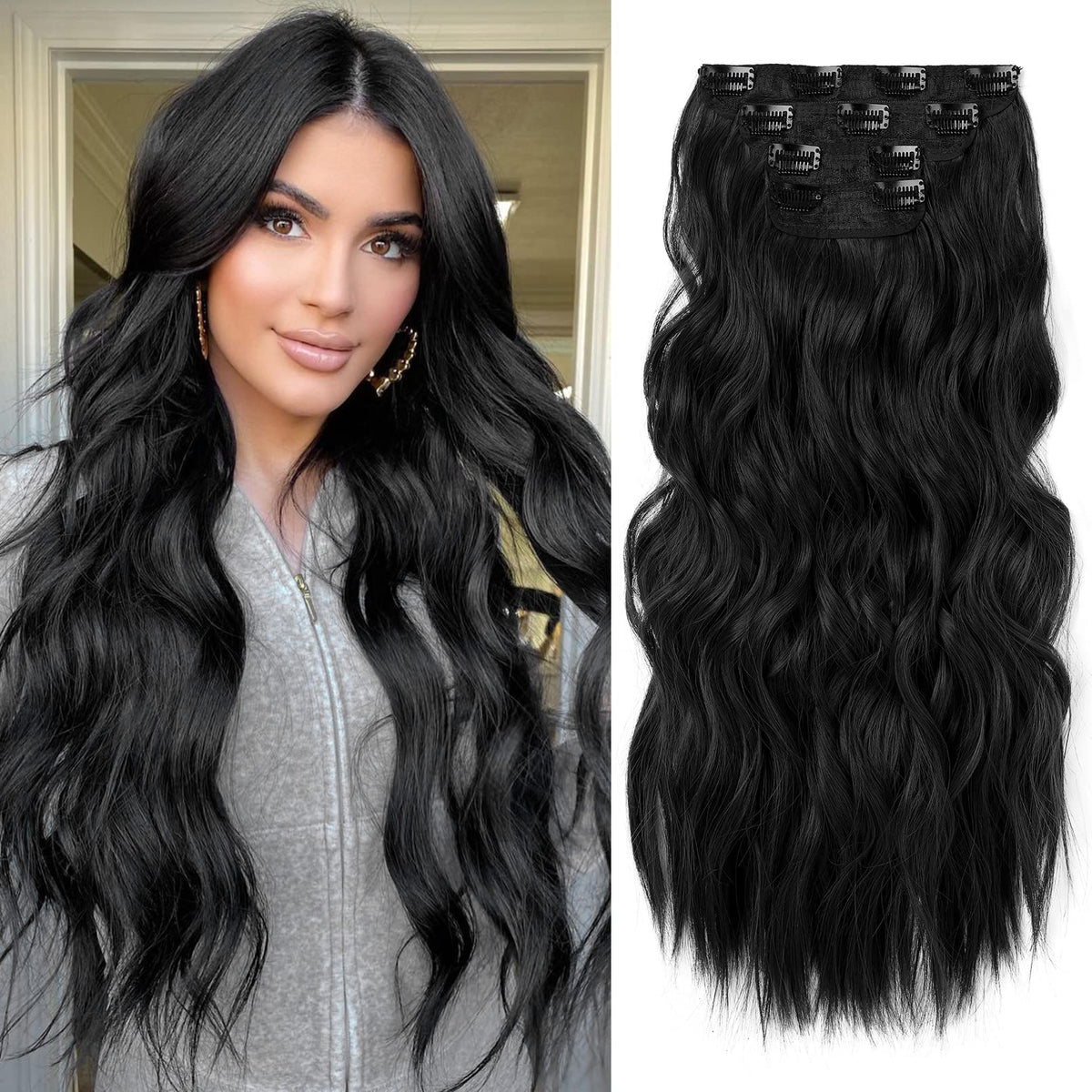 REECHO 20&quot; Clip-in Hair Extensions, 4PCS Soft Synthetic Hairpieces for Women - Black