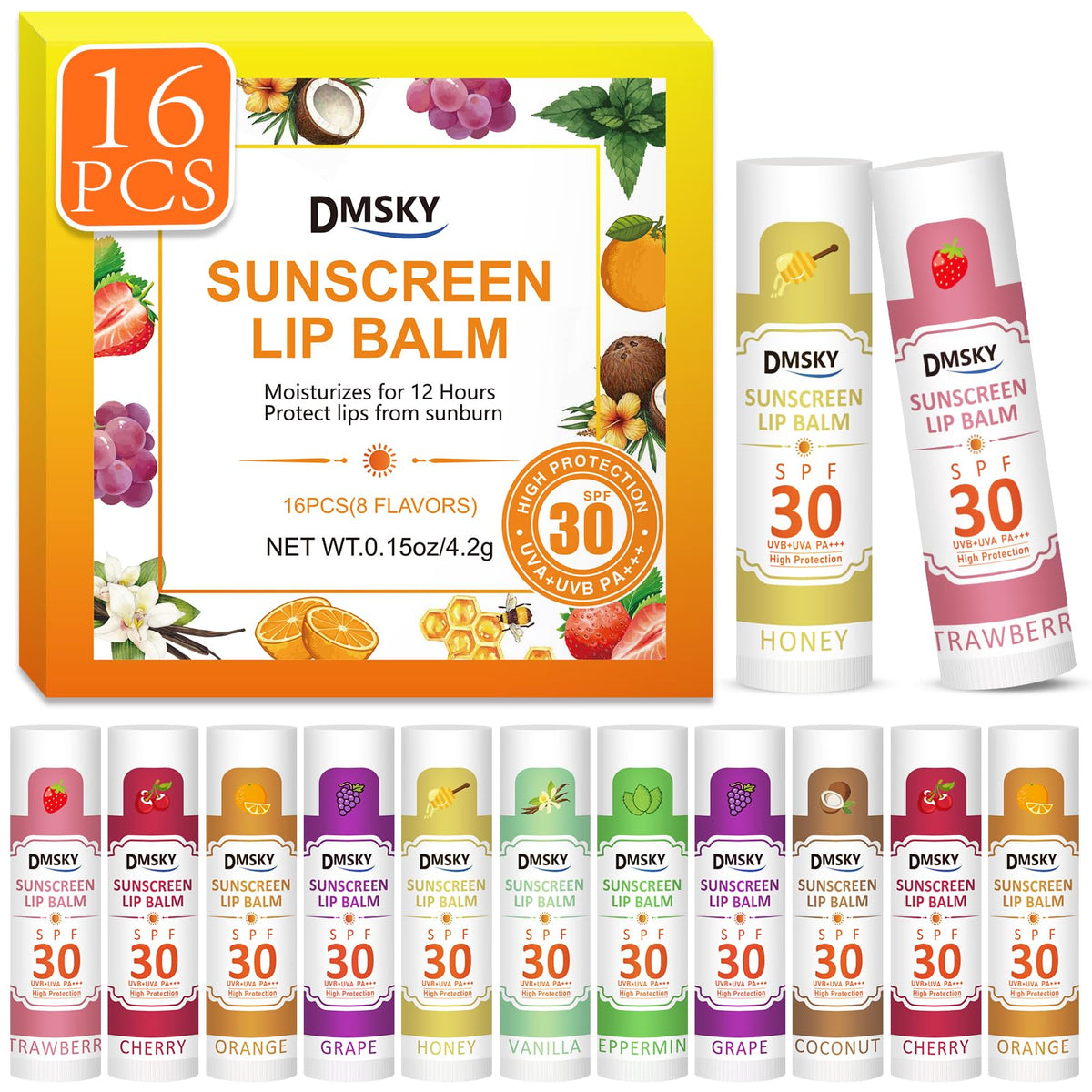 Dmsky Spf Lip Balm Bulk 16 Pack, Spf 30 Sunscreen For Lips, Uva/Uvb Protection