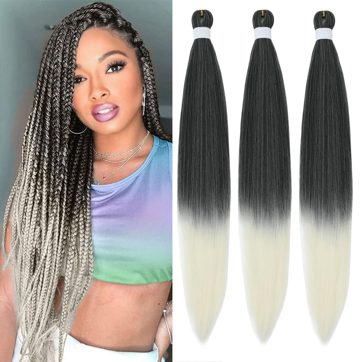 Roalnce 24&quot; Ombre White Braiding Hair Pre Stretched Synthetic Knotless Extensions 3 Packs