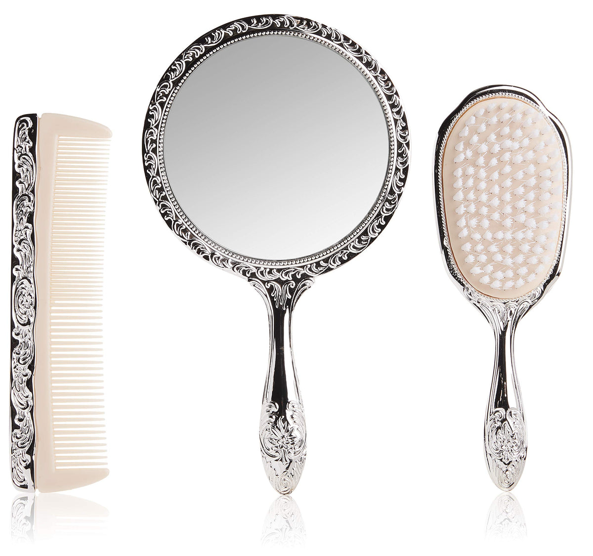 Kingsley 3 Pc Silver Chrome Girls Vanity Set With Comb, Brush, And Mirror - Silver-Plated Metal