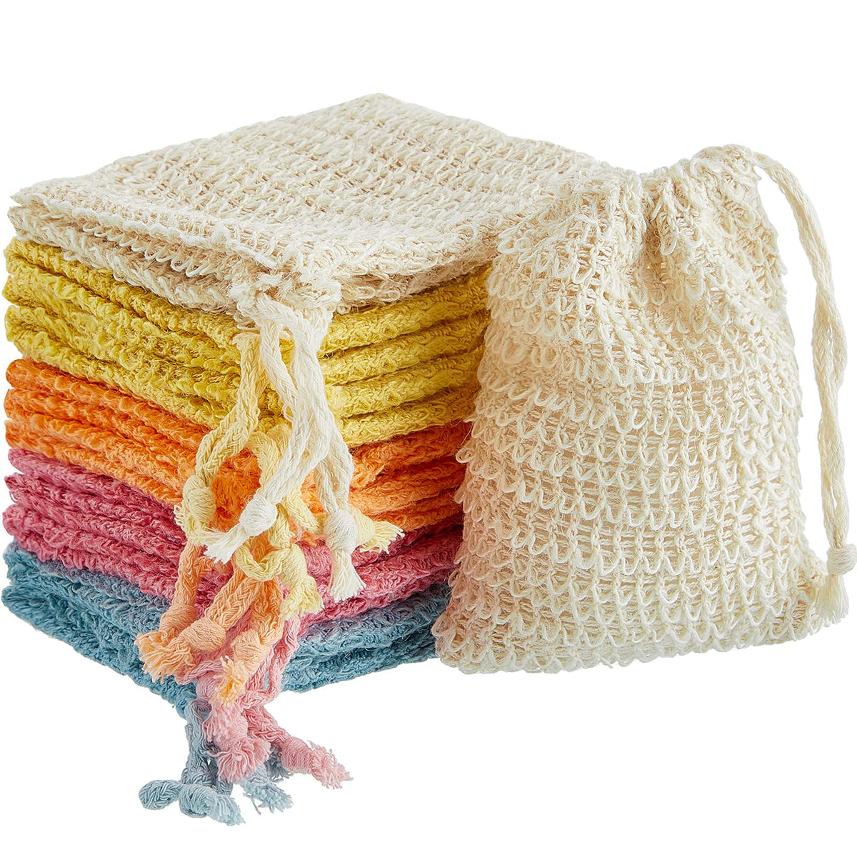 Bbto 15 Pieces Soap Saver Bags - Exfoliating Sisal Mesh Pouches In Natural, Pink, Blue, Yellow, Orange