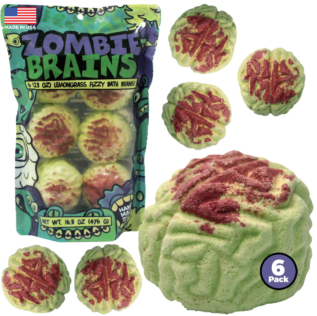 Enfusia Zombie Brains Bath Bombs - 6-Pack Halloween Gifts For Kids - Lemongrass Scent