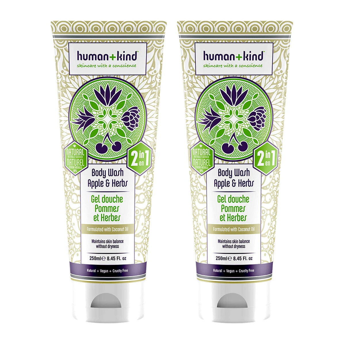 Human+Kind Body Wash - Apple & Herbs, Unisex, 8.45 Oz, Pack Of 2, Cranberry Scent