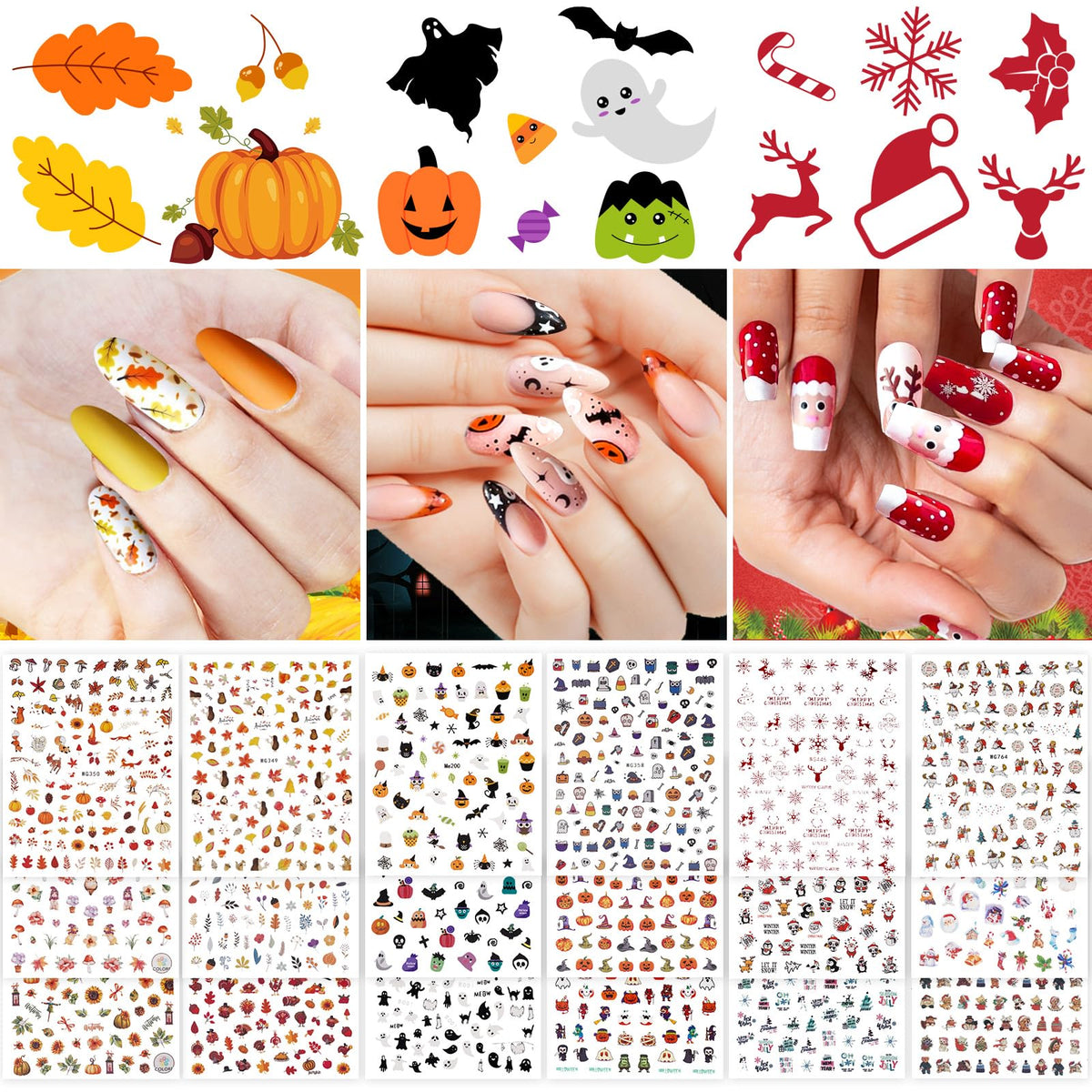 Whaline Fall Nail Art Stickers - 18 Sheets Autumn Leaves, Pumpkins & Holiday Designs For Diy Manicure