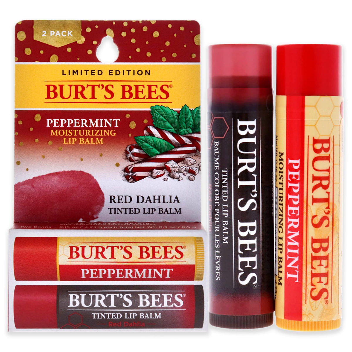 Burt'S Bees Lip Balm Kit, Peppermint & Red Dahlia Tinted, 0.15 Oz, Pack Of 2