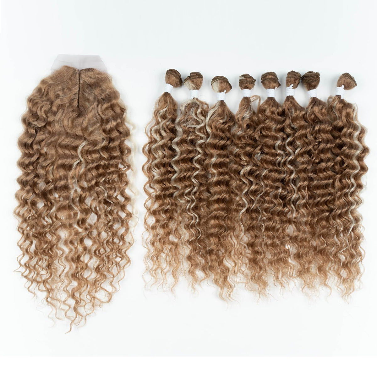 Début 20 Inch Water Wave Synthetic Hair 8 Bundles With Closure, Highlight Blonde, 240G