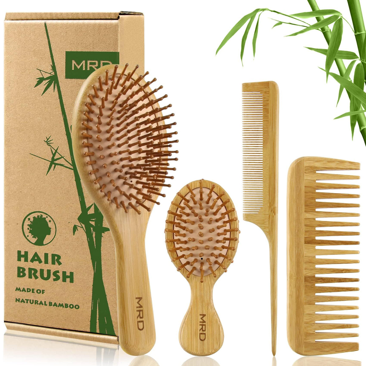 Mrd Bamboo Hair Brush Set - 4 Piece Detangling Kit For Thick/Thin/Curly/Dry Hair - Yellow