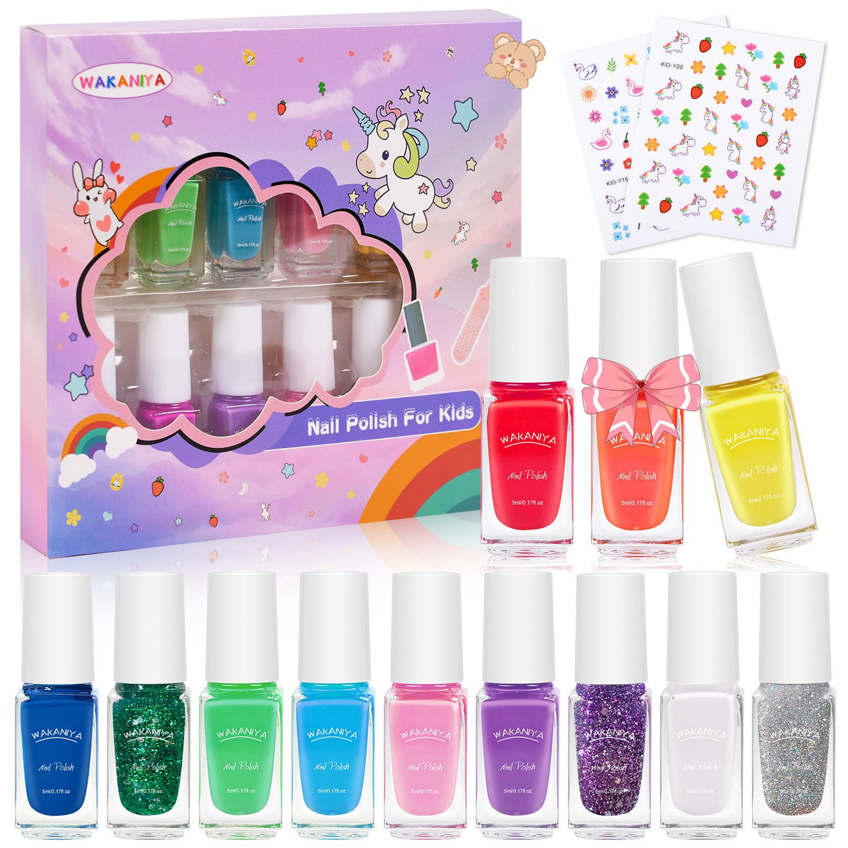 Wakaniya Kids Nail Polish Set - 12 Rainbow Colors, Non-Toxic Peel Off, Ages 3+ With Stickers