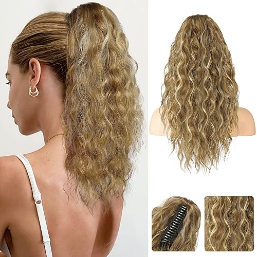 REECHO 18&quot; Claw Clip Ponytail Extension - Medium Blonde Wavy Synthetic Hairpiece for Women