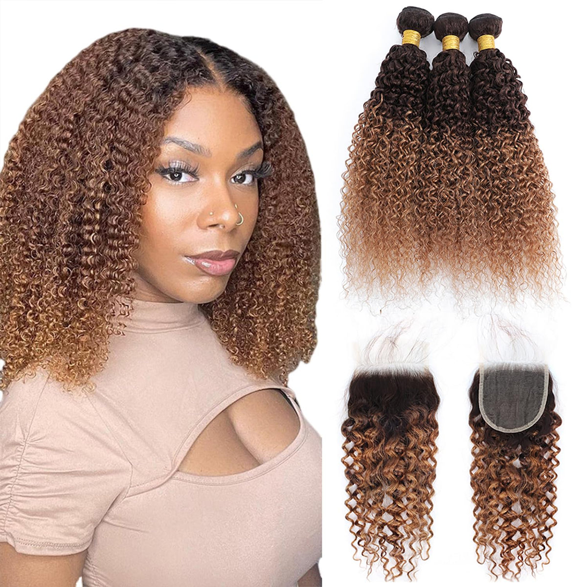 FASHION VILA 2 Tone Ombre Body Wave Hair 4 Bundles & 4x4 Lace Closure, Unprocessed Brazilian Rem