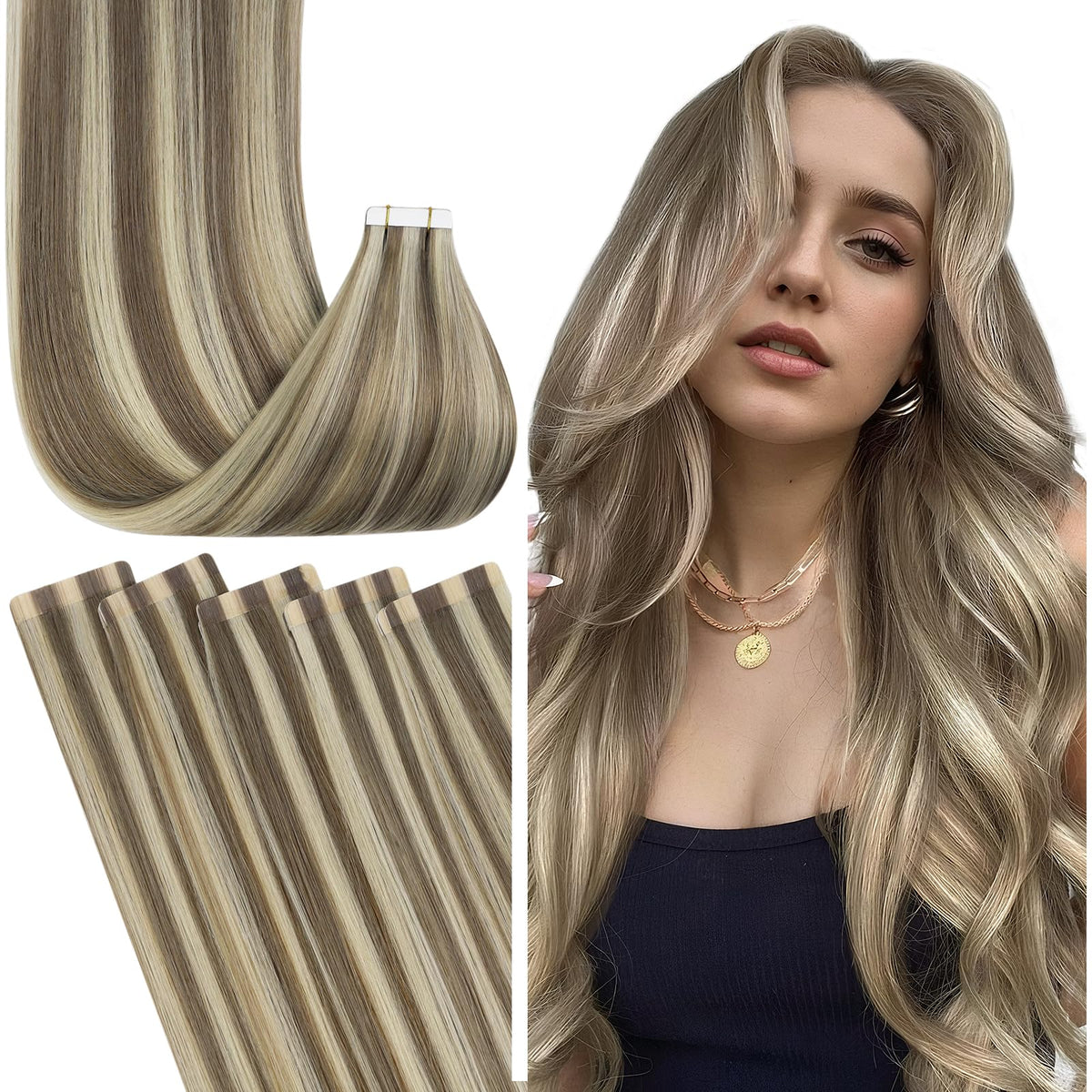 Fshine 16&quot; Tape In Hair Extensions, 50G, Ash Brown & Platinum Blonde, Human Hair, Wavy