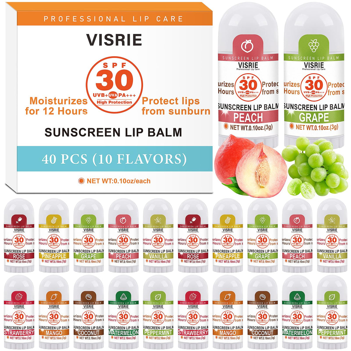 Visrie Spf 30 Mini Sunscreen Lip Balm - 40 Count, Vitamin E & Coconut Oil, 10 Flavors