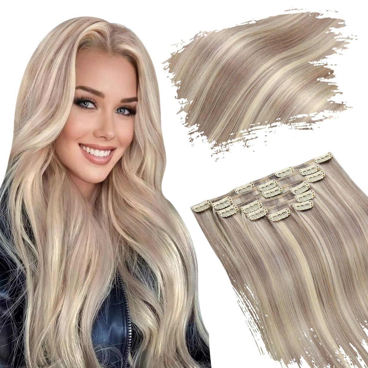 Ugeat 18&quot; Clip In Human Hair Extensions - Platinum Blonde & Dirty Blonde Highlights, 120g Set