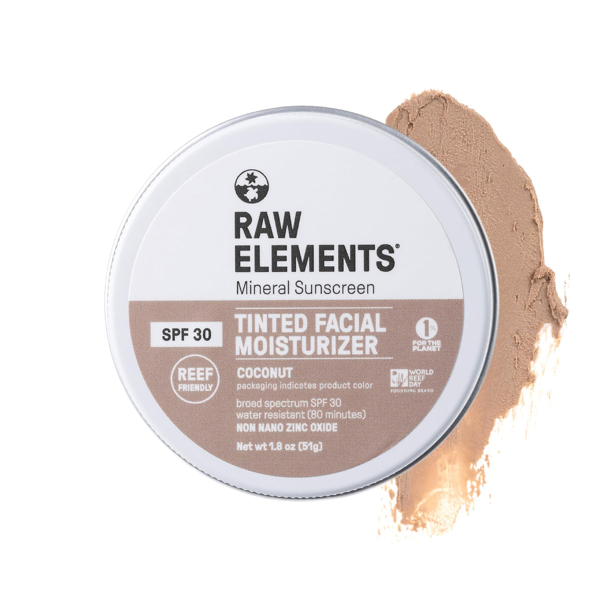 Raw Elements Ultra-Moisturizing Tinted Face Cream Spf 30, Non-Toxic, Coconut, 1.8 Oz