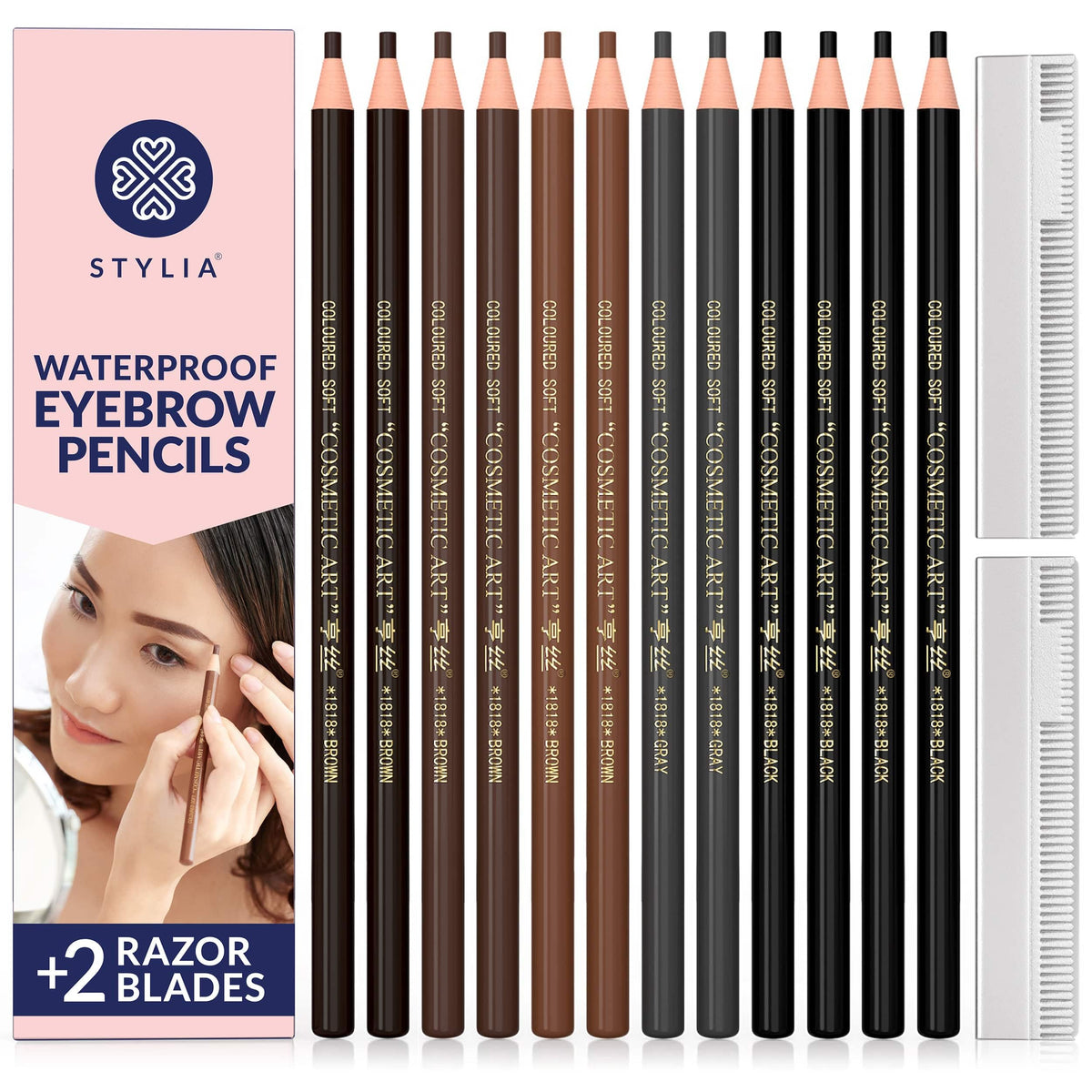 Stylia Waterproof Eyebrow Pencil Set, 12Pc Multicolor Microblading & Brow Mapping Pencils