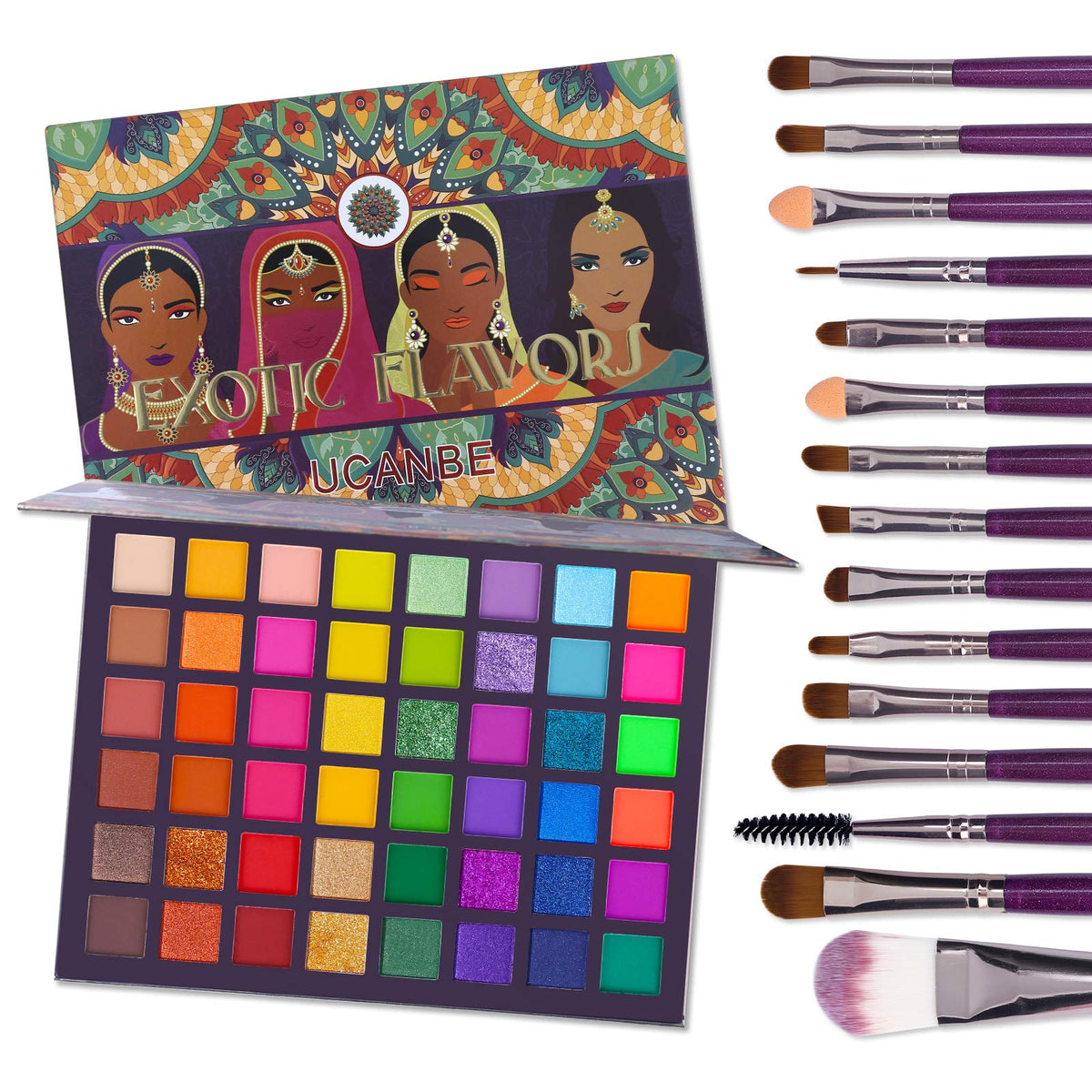 UCANBE Exotic Flavors Eyeshadow Palette + 15 Brushes, 48 Colors Neon Shimmer & Matte