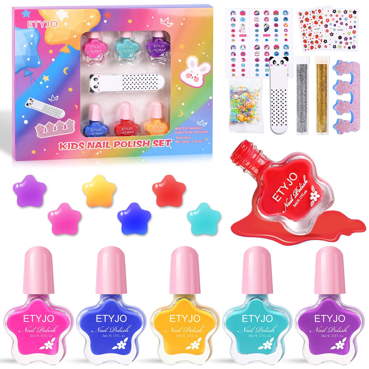 Etyjo Kids Nail Polish Set - Non-Toxic, Water-Based, 6 Rainbow Colors For Ages 3+