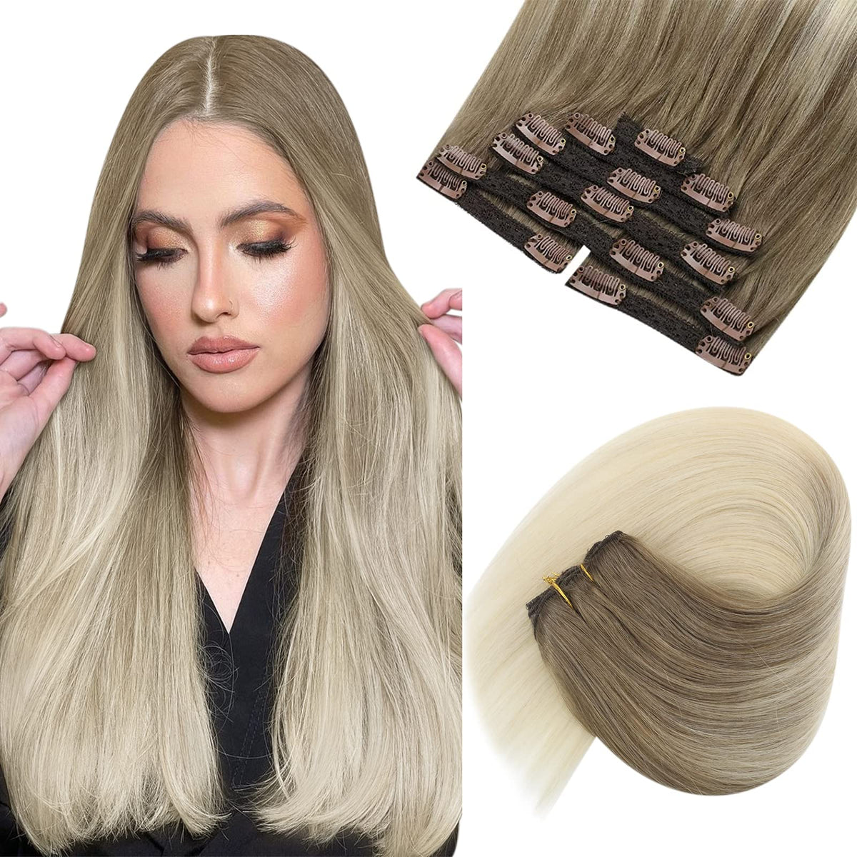 VeSunny Ombre Clip In Extensions 24 Inch Real Human Hair Brown to Blonde 120g 7pcs