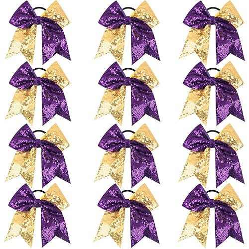 OAOLEER 12 Count Sequin Glitter Hair Ties for Girls - Purple & Gold Cheer Bows