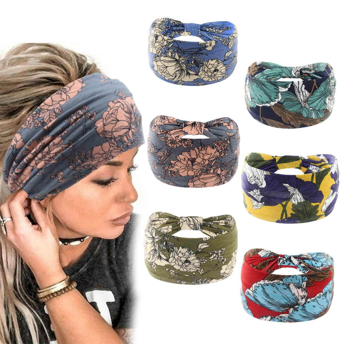 Yeshan Women's Boho Bandeau Headbands, Floral Cotton Turban, 6-Pack Wide Hair Scarf