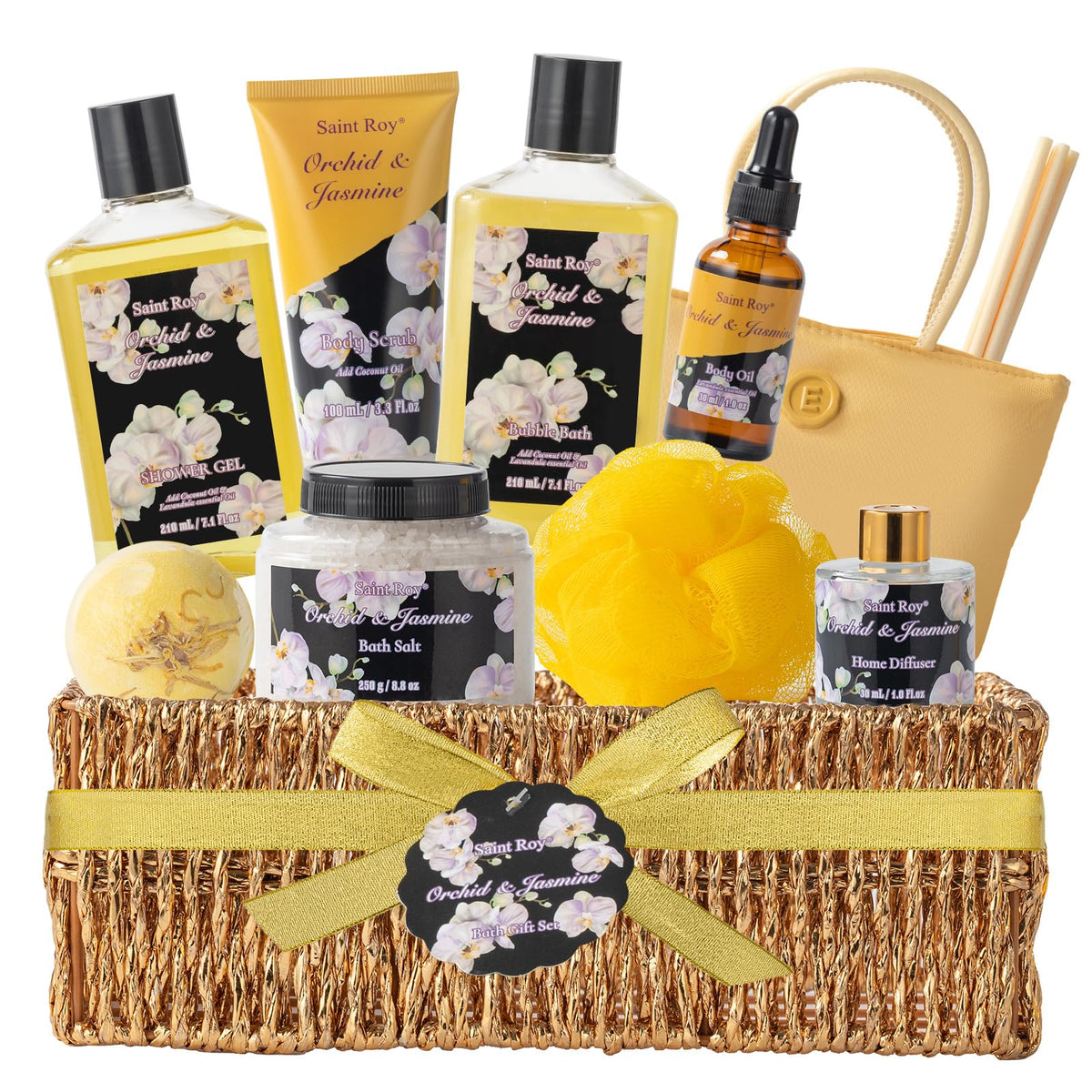 Saint Roy Orchid & Jasmine Spa Gift Basket - 10-Piece Bath Set For Women, Jojoba Oil & Shea Butter