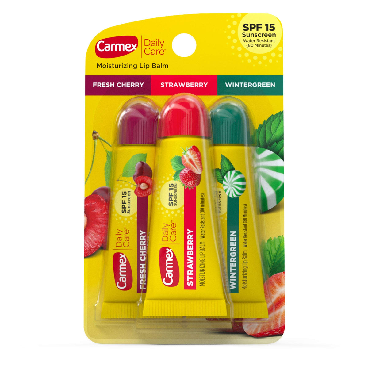 Carmex Daily Care Lip Balm Pack With Sunscreen - Fresh Cherry, Strawberry, Wintergreen, 0.35 Oz