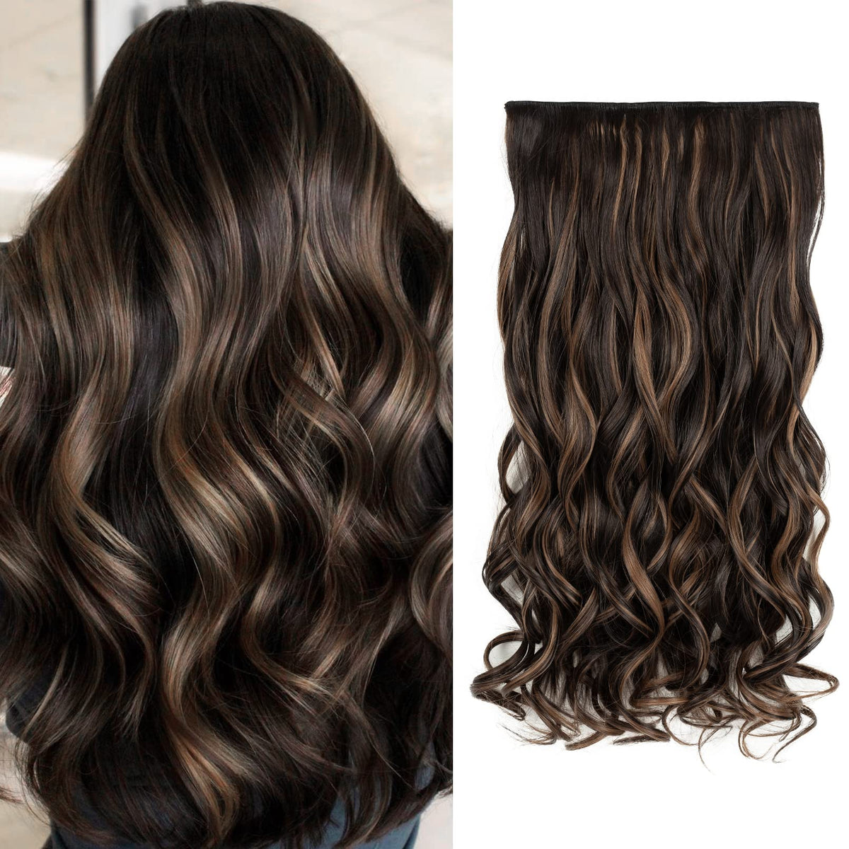 REECHO 20&quot; Curly Wave Clip-in Synthetic Hair Extensions - Chocolate Brown with Highlights