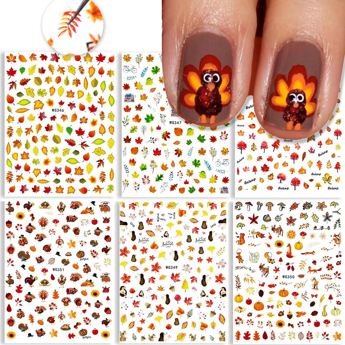 Hoxieya 3D Thanksgiving Nail Art Stickers - 6 Sheets Fall Designs For Diy Nail Decorations