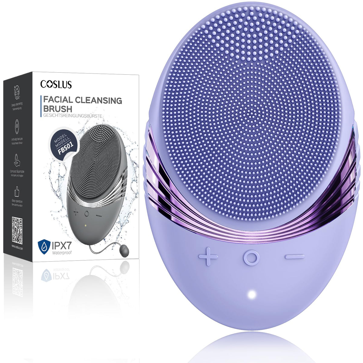 Coslus Purple Silicone Face Scrubber Brush - Waterproof, Rechargeable, 5 Cleansing Modes