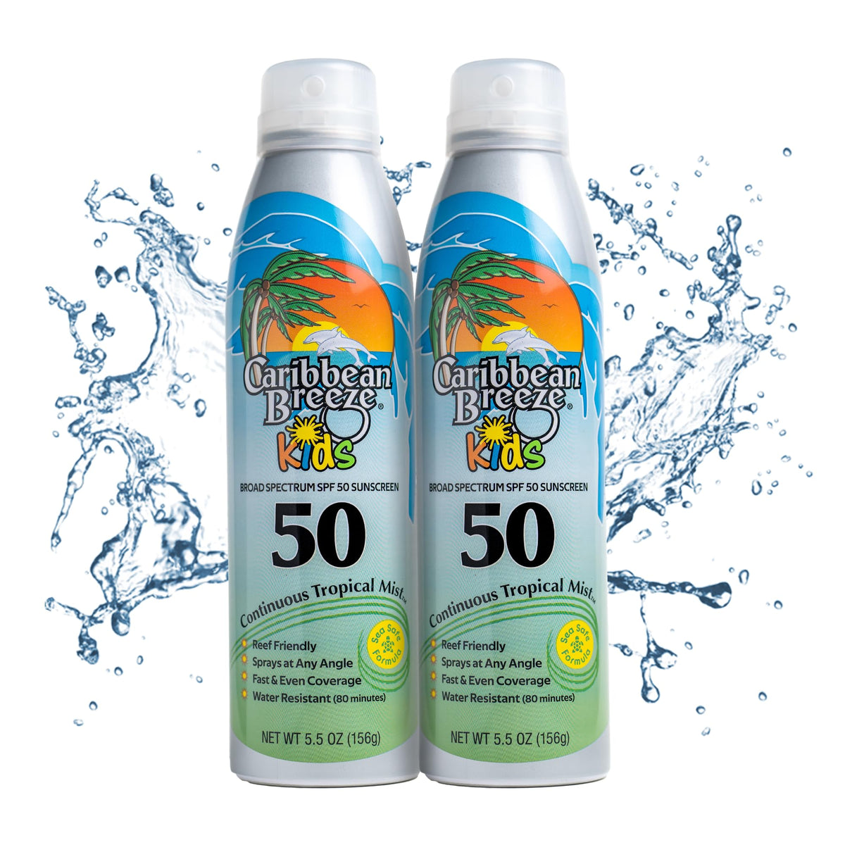 Caribbean Breeze Spf 50 Sunscreen Spray For Kids, Reef Safe, 80 Min Water Resistant, 2 Pack