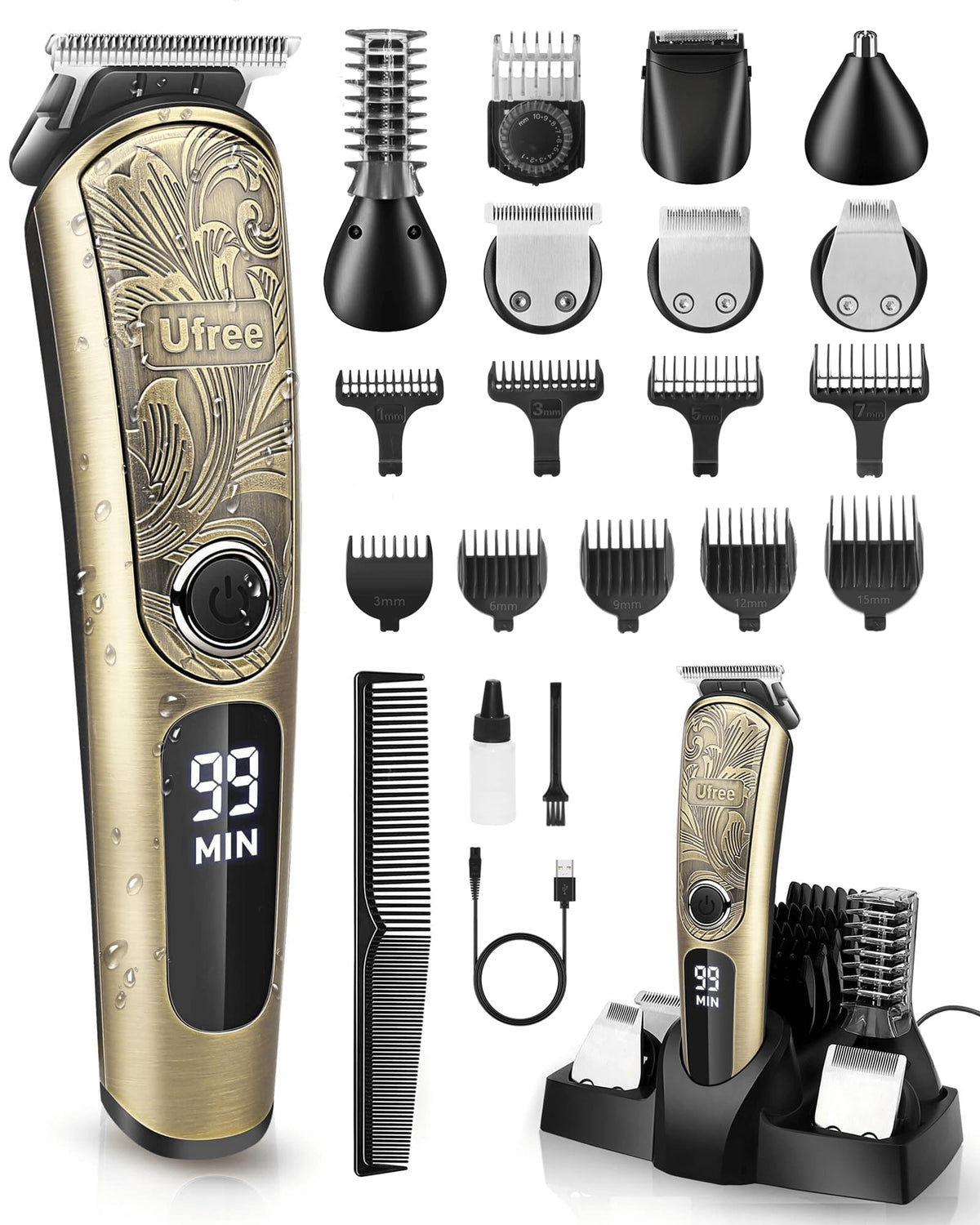 Ufree Beard Trimmer For Men, Ipx7 Waterproof Electric Razor & Grooming Kit, Bronze