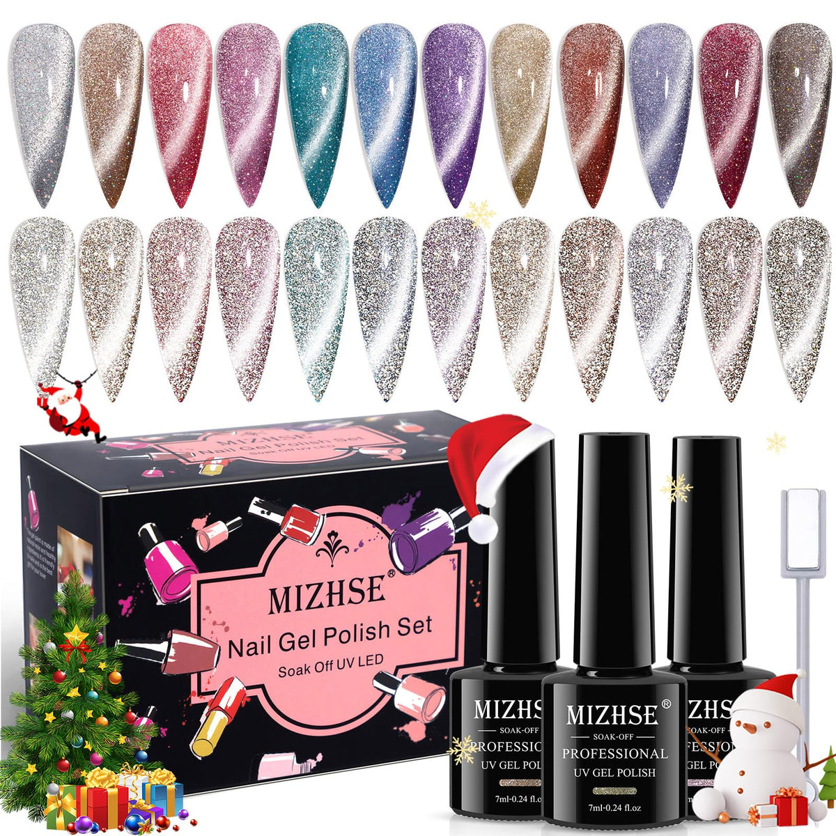 Mizhse Reflective Cat Eye Gel Polish Set - 12Pcs Sparkly Magnetic Nail Gel 7Ml