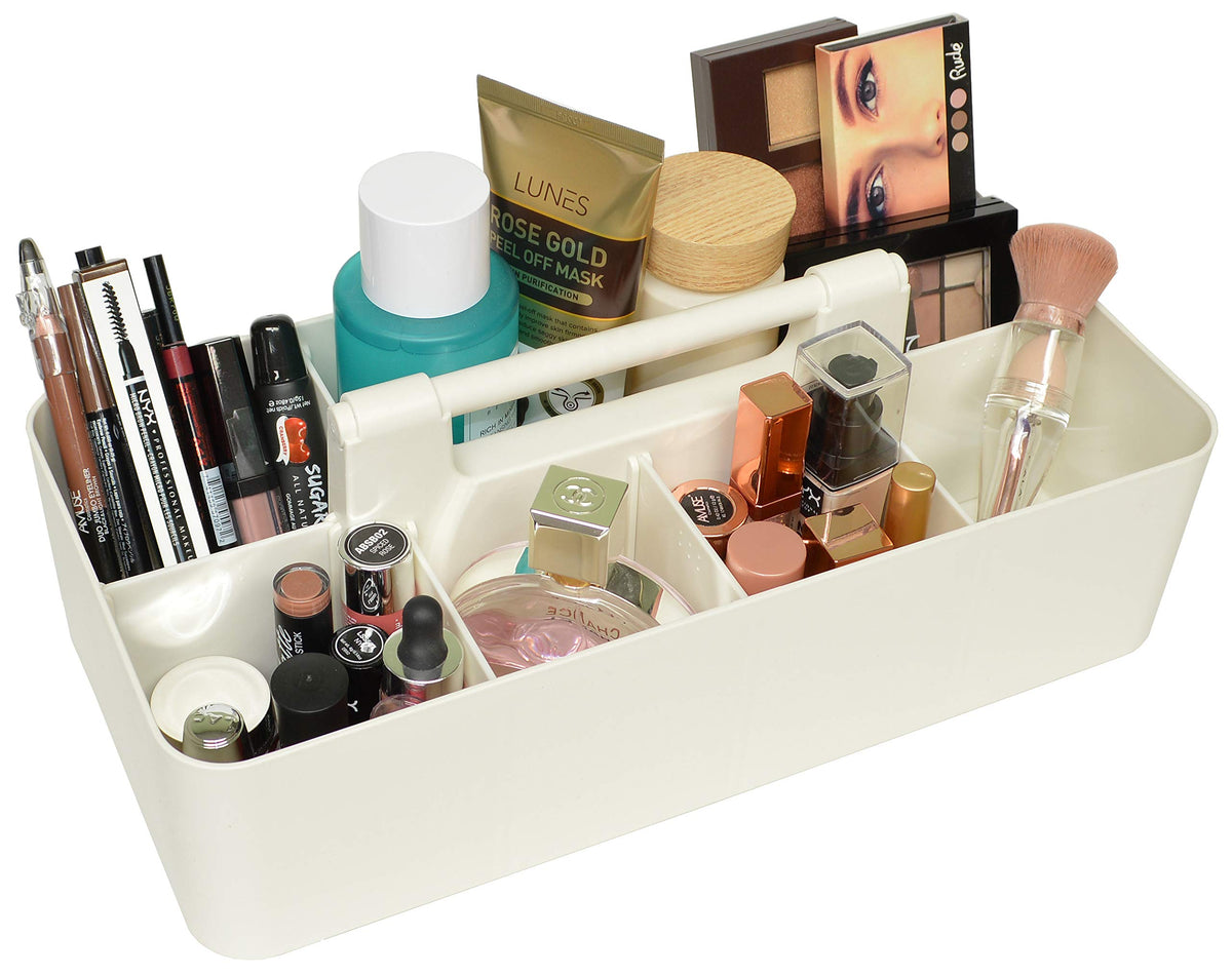 Enjoy Organizer Extra Large Ivory Plastic Makeup Caddy Tote - Divided Storage For Brushes & Palette