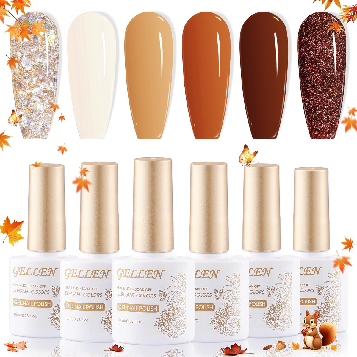 Gellen 6 Colors Warm Brown Gel Nail Polish Set - Caramel, Beige, Glitter, Pumpkin - Diy Nail Art