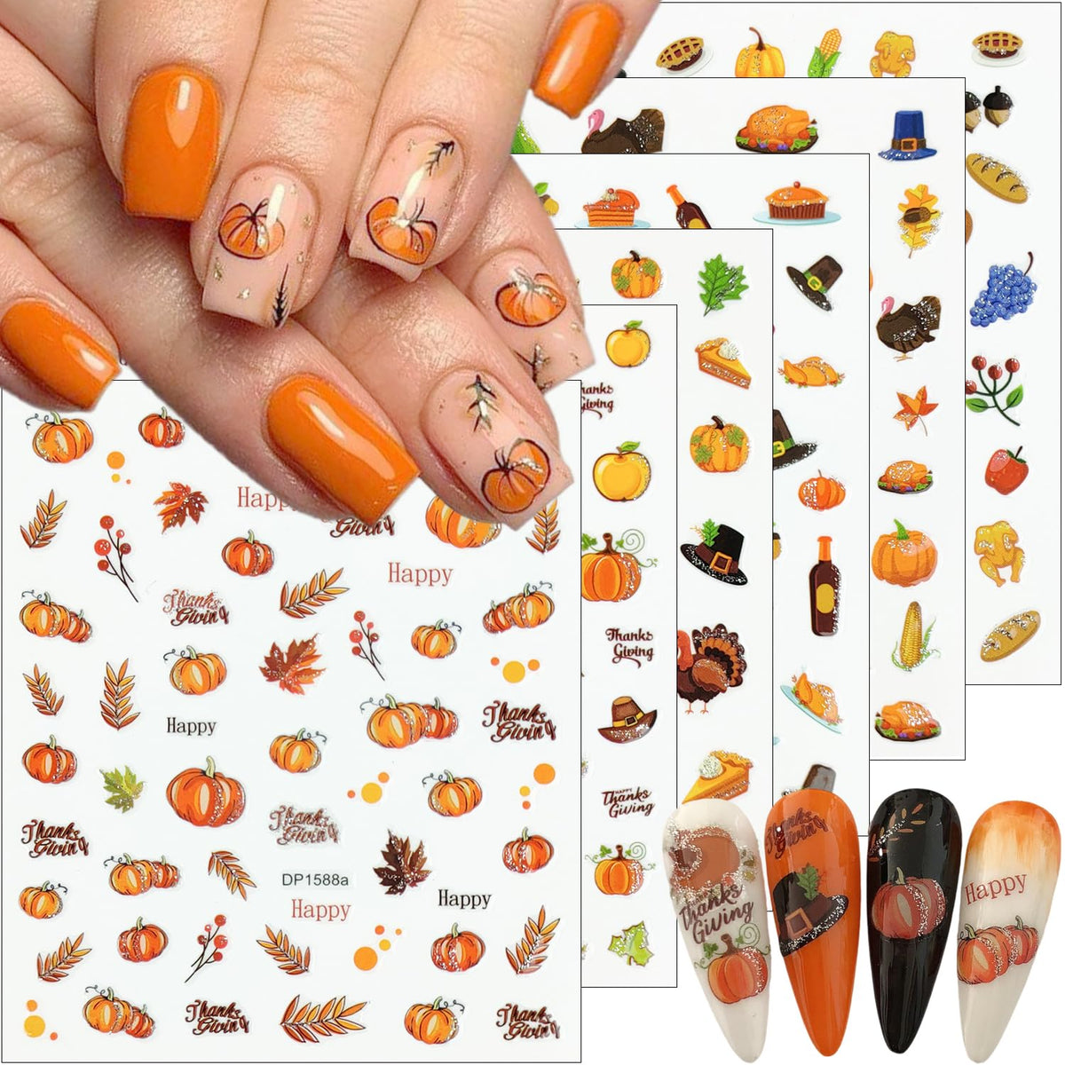 Sutaozhi 6 Sheets 3D Fall Nail Stickers - Thanksgiving Turkey, Pumpkin, Maple Leaf Designs