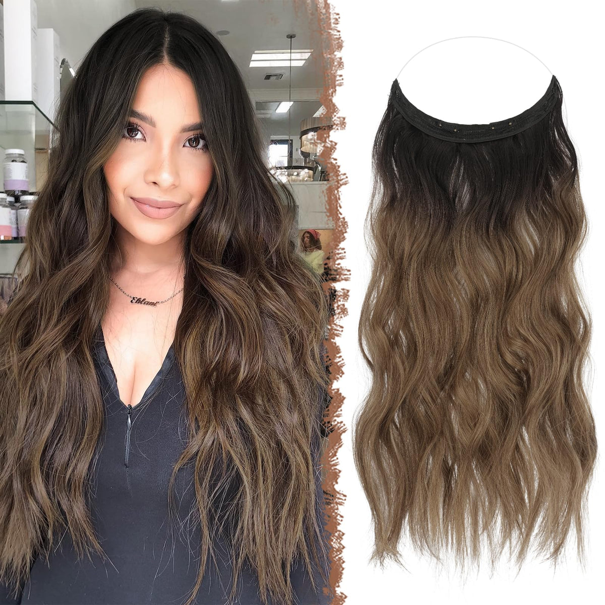 FESHFEN 16&quot; Ombre Brown Invisible Wire Hair Extensions - Adjustable, Long Wavy Hairpiece for Women