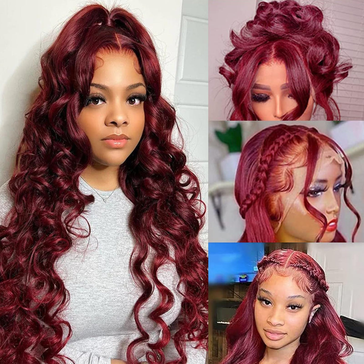 FASHION PLUS 34&quot; 99J Burgundy Lace Front Wig - Human Hair, Pre Plucked, 180% Density, Loose Wave